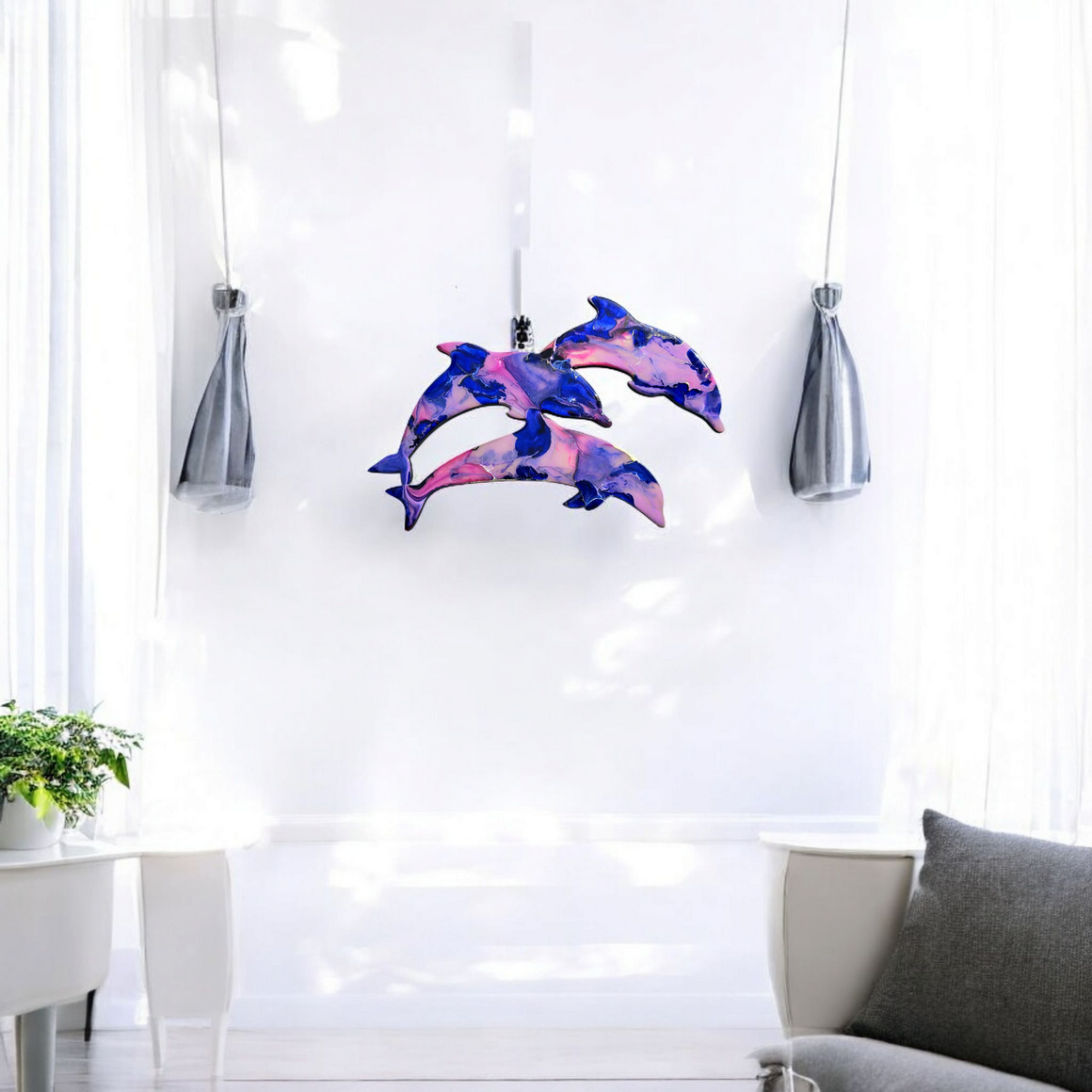 Coastal Pod of Dolphins Wall Decor Handcrafted Resin and Wood 14 Inch