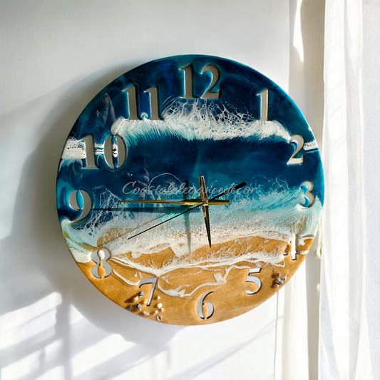 Handmade 19.5'' Beach Ocean Waves Wall Clock - Teal with Real Sand & Seashells