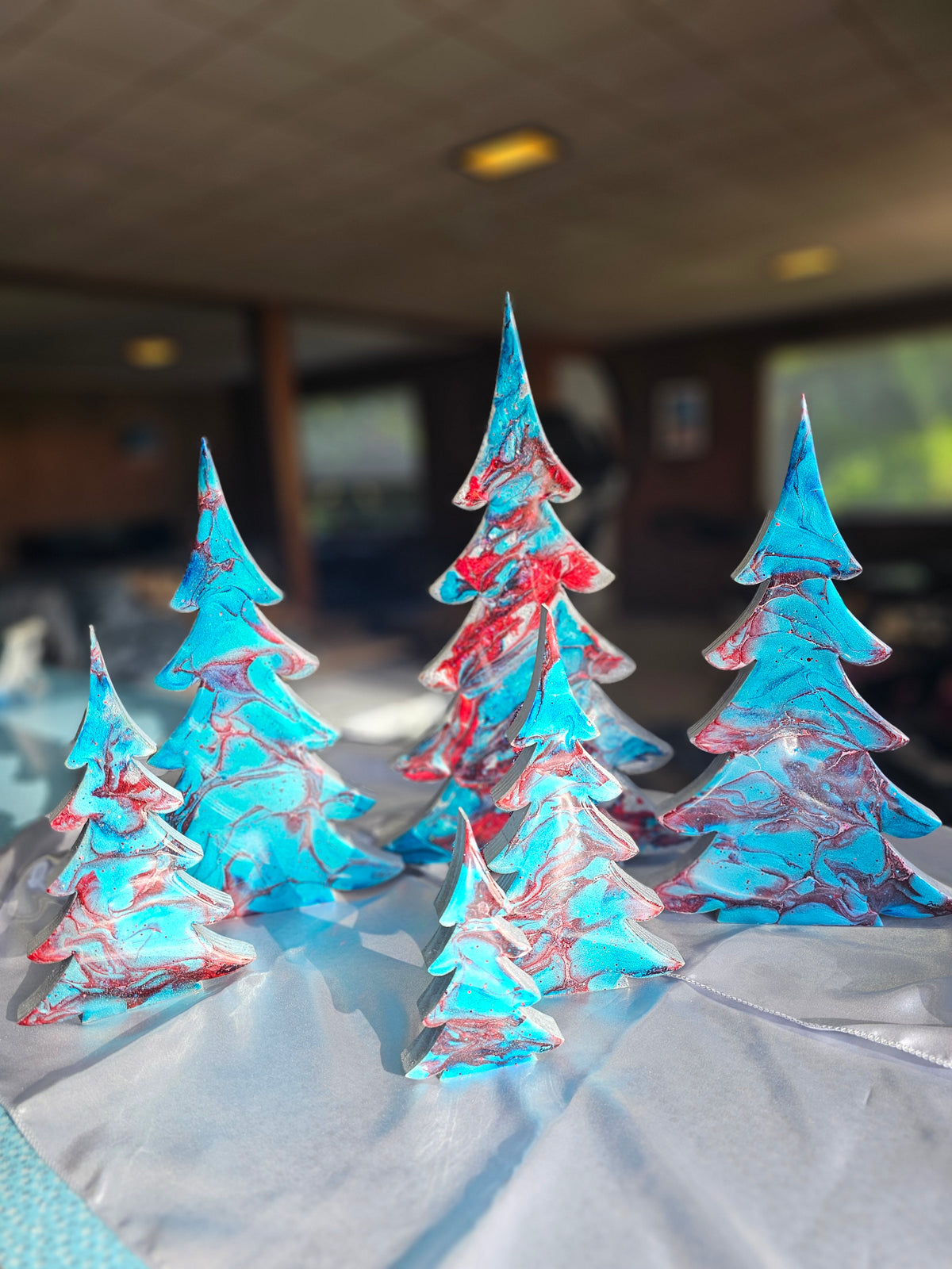Handmade Silvery Blue and Red Christmas Trees Holiday Shelf Sitter Mantelpiece 3 Sizes