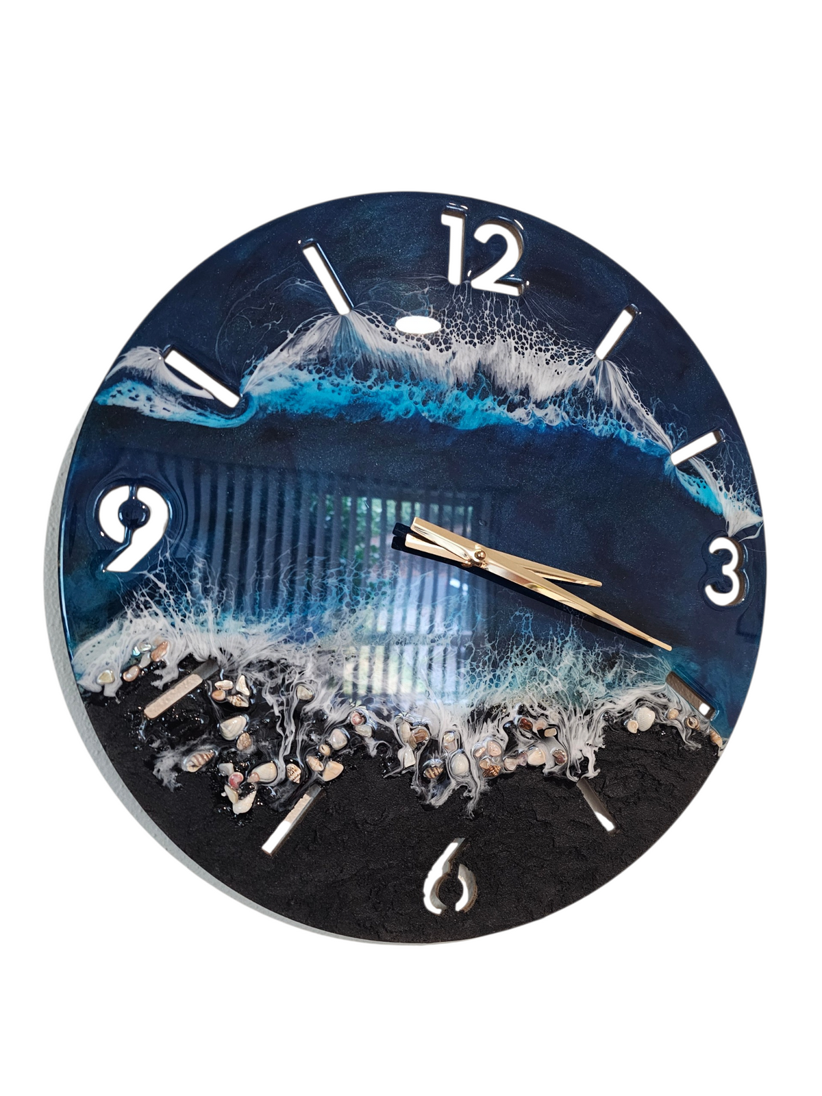 Handmade 18 Inch Deep Blues Beach Waves Wall Clock Textured Black Sand Beach & Real Seashells