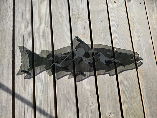 22 inch Smoke Salmon wall art by Coastal Elegance Decor, custom engraved in 1/4 inch smoke acrylic for modern Pacific Northwest home decor