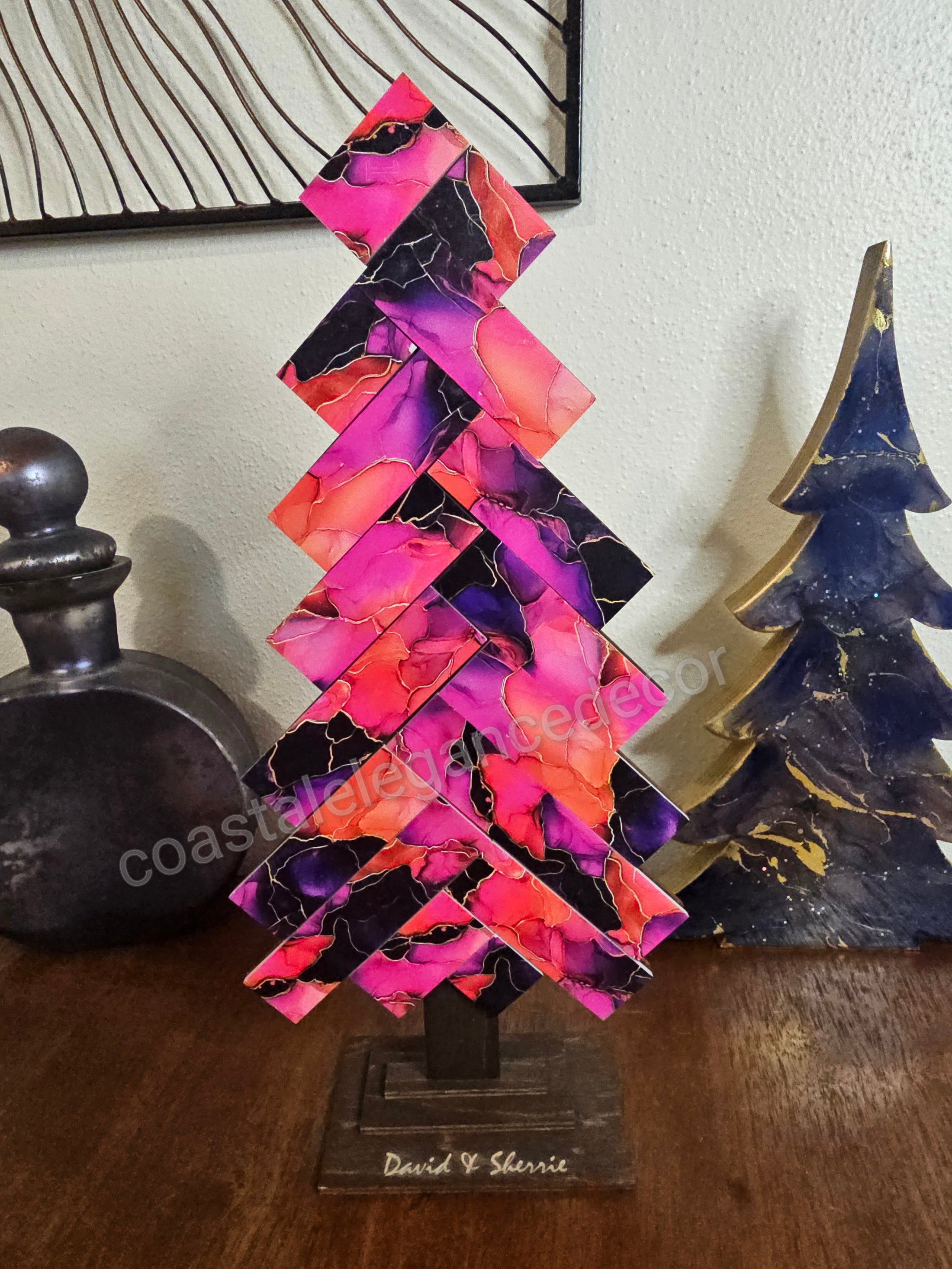 Bold Pink Contempary Patterned Handmade Herringbone Modern Acrylic and Wood Christmas Tree