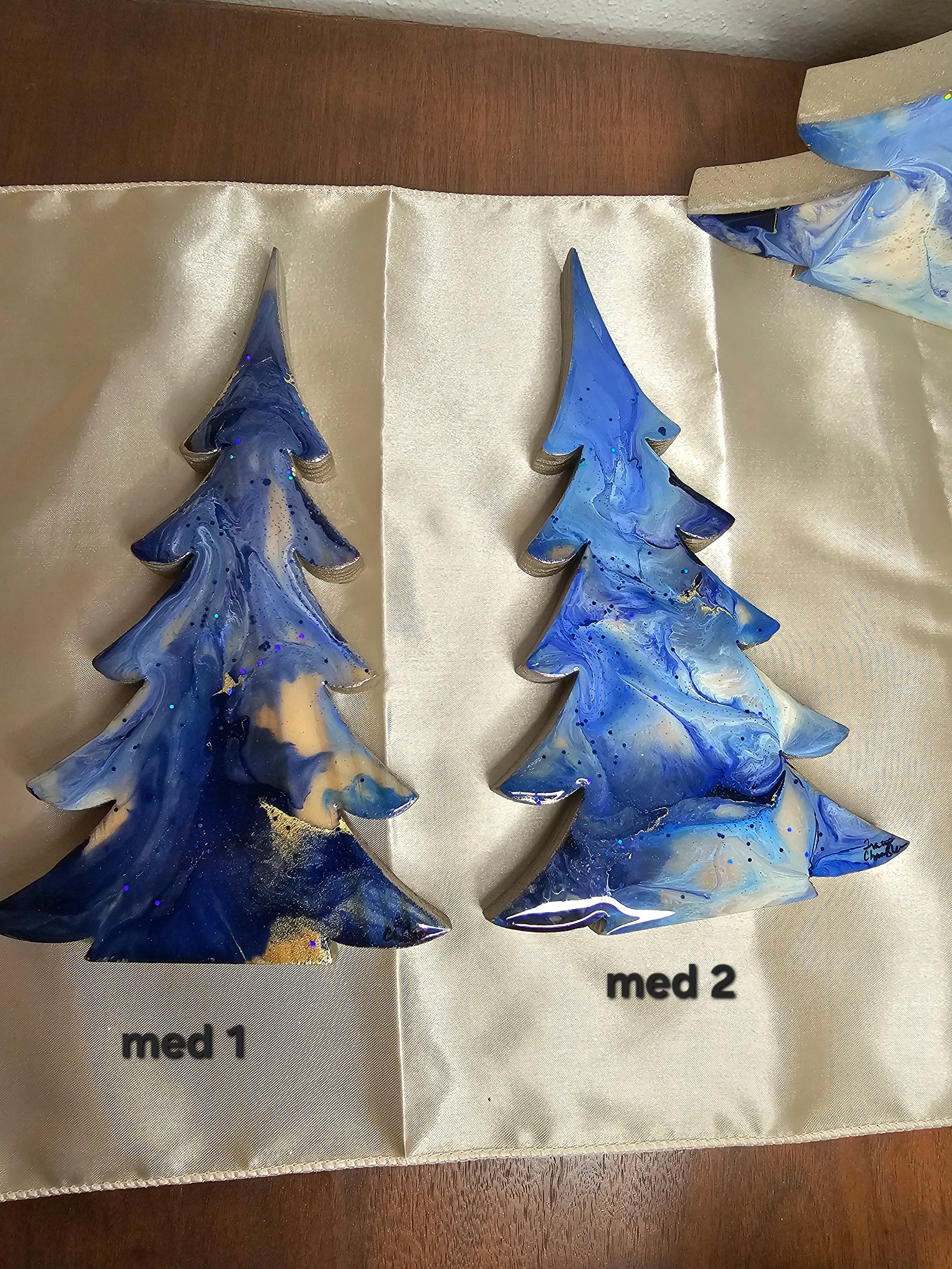 Large Handmade Lavender Blues and Gold Resin Wood Christmas Tree, a stunning mantelpiece decoration showcasing elegance and charm for holiday celebrations.