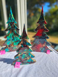 Load image into Gallery viewer, Handmade Turquoise Christmas Trees Shelf Sitter with Red Resin and Gold Accents Multiple Sizes
