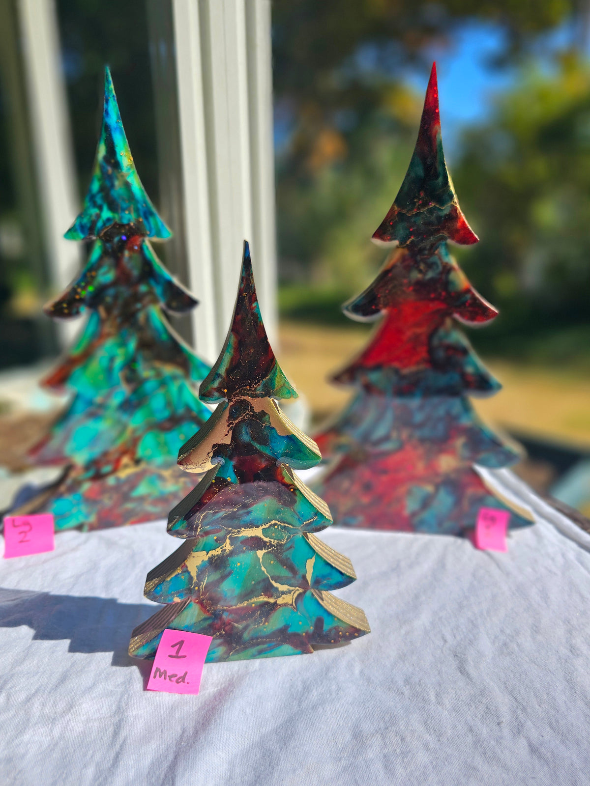 Handmade Turquoise Christmas Trees Shelf Sitter with Red Resin and Gold Accents Multiple Sizes