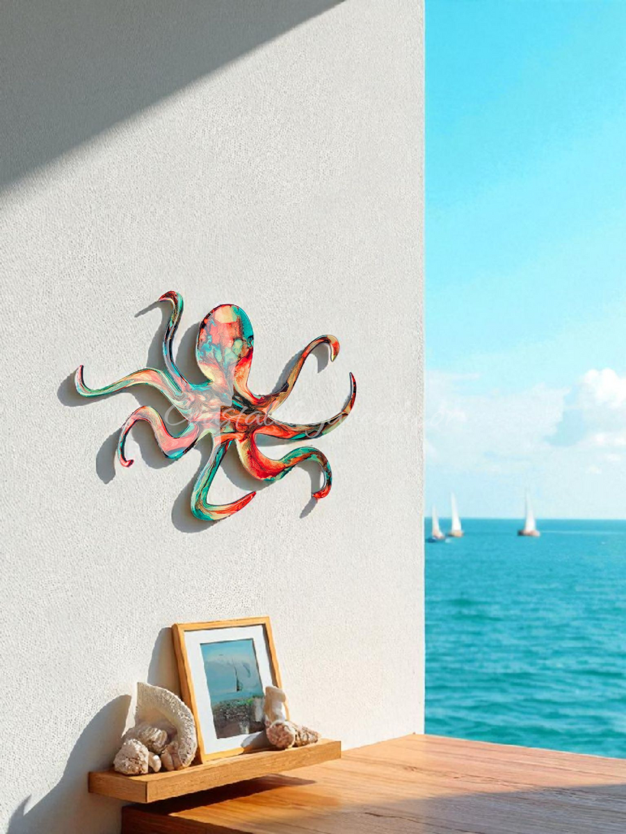 Handmade Octopus Turquoise and Reds or a Orange Beachy Wall Decoration