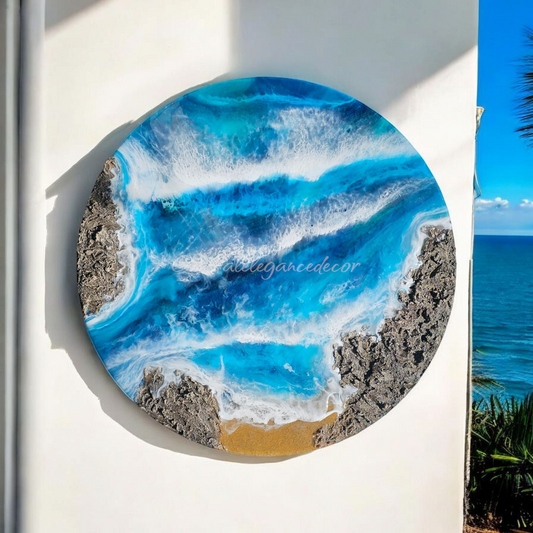 Handcrafted Ocean Blue Resin Seascape Wall Art - Round Coastal Decor with Textured Rocks