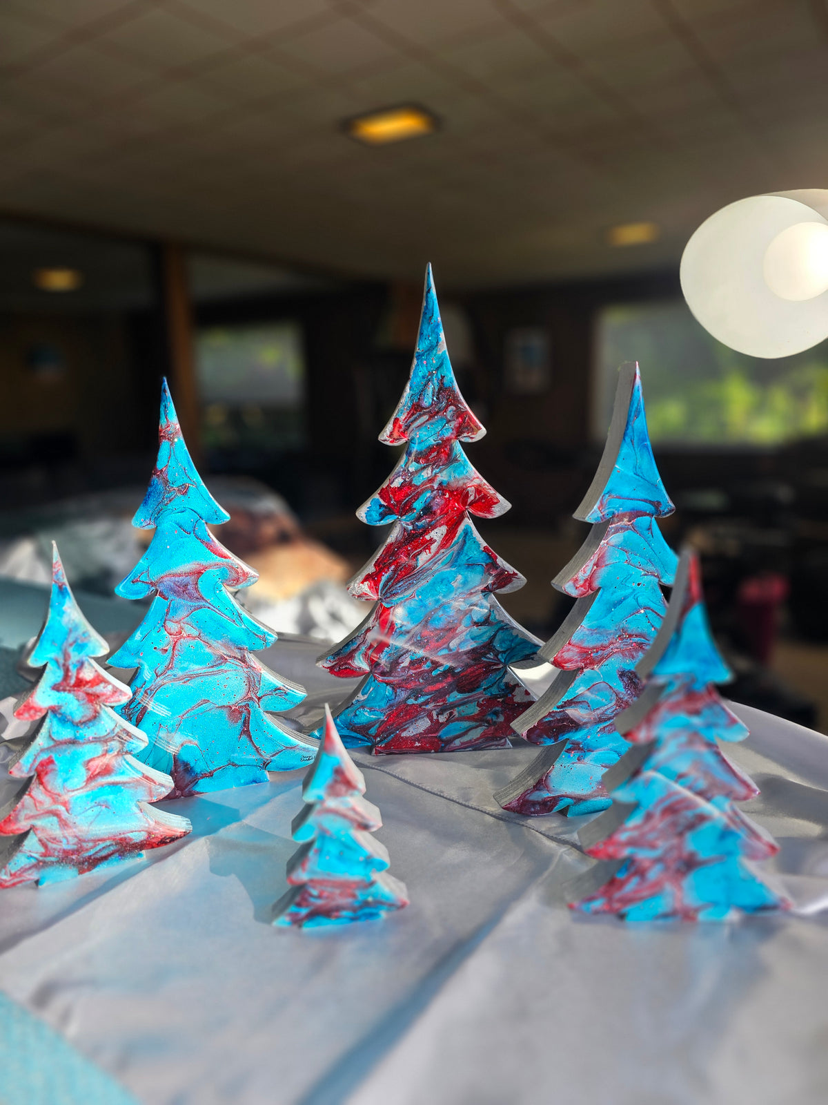 Handmade Silvery Blue and Red Christmas Trees Holiday Shelf Sitter Mantelpiece 3 Sizes