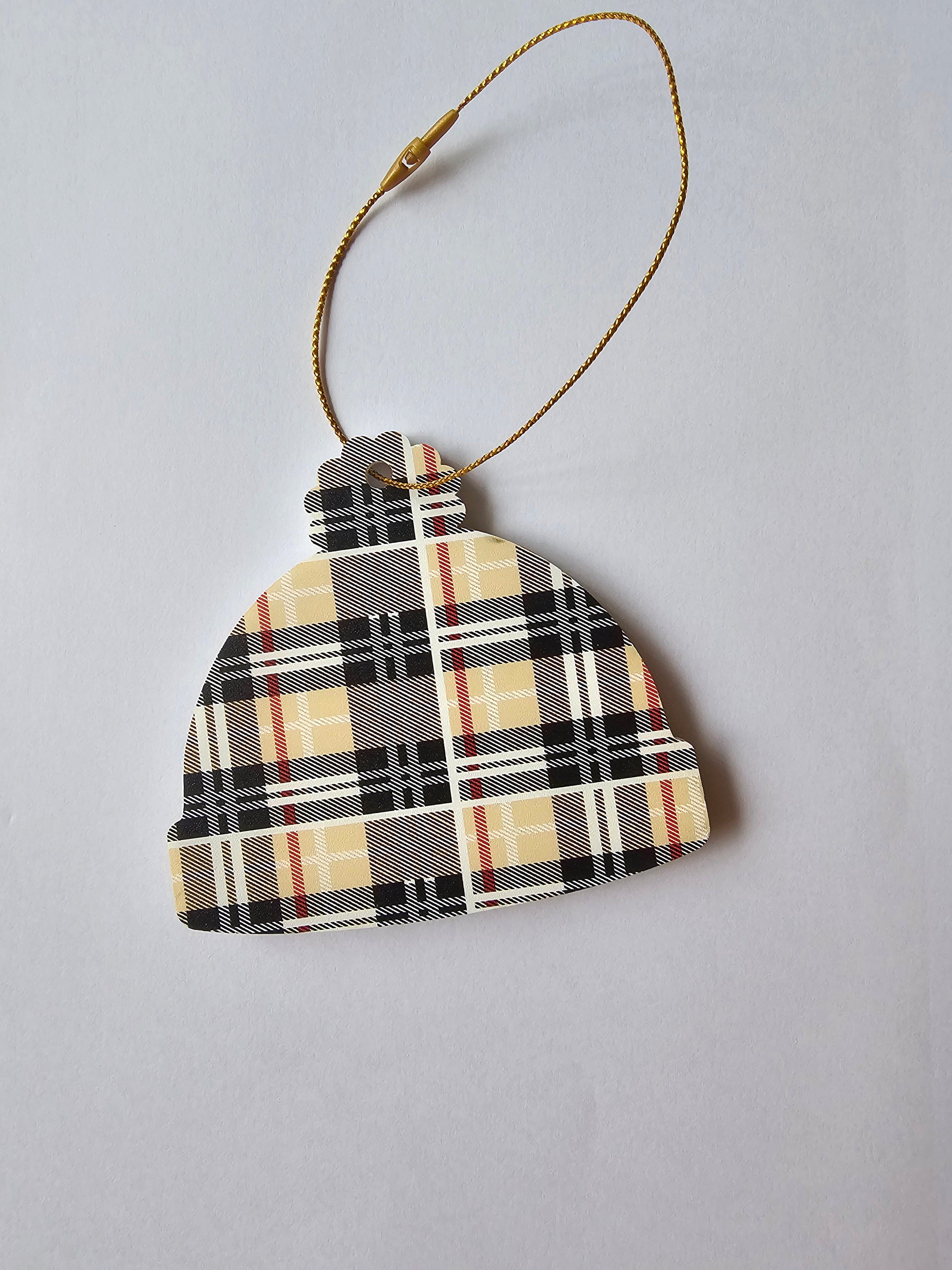 Personalized Designer Tan and Navy Plaid Winter Beanie Hat Ornament With Custom Leather Name Patch