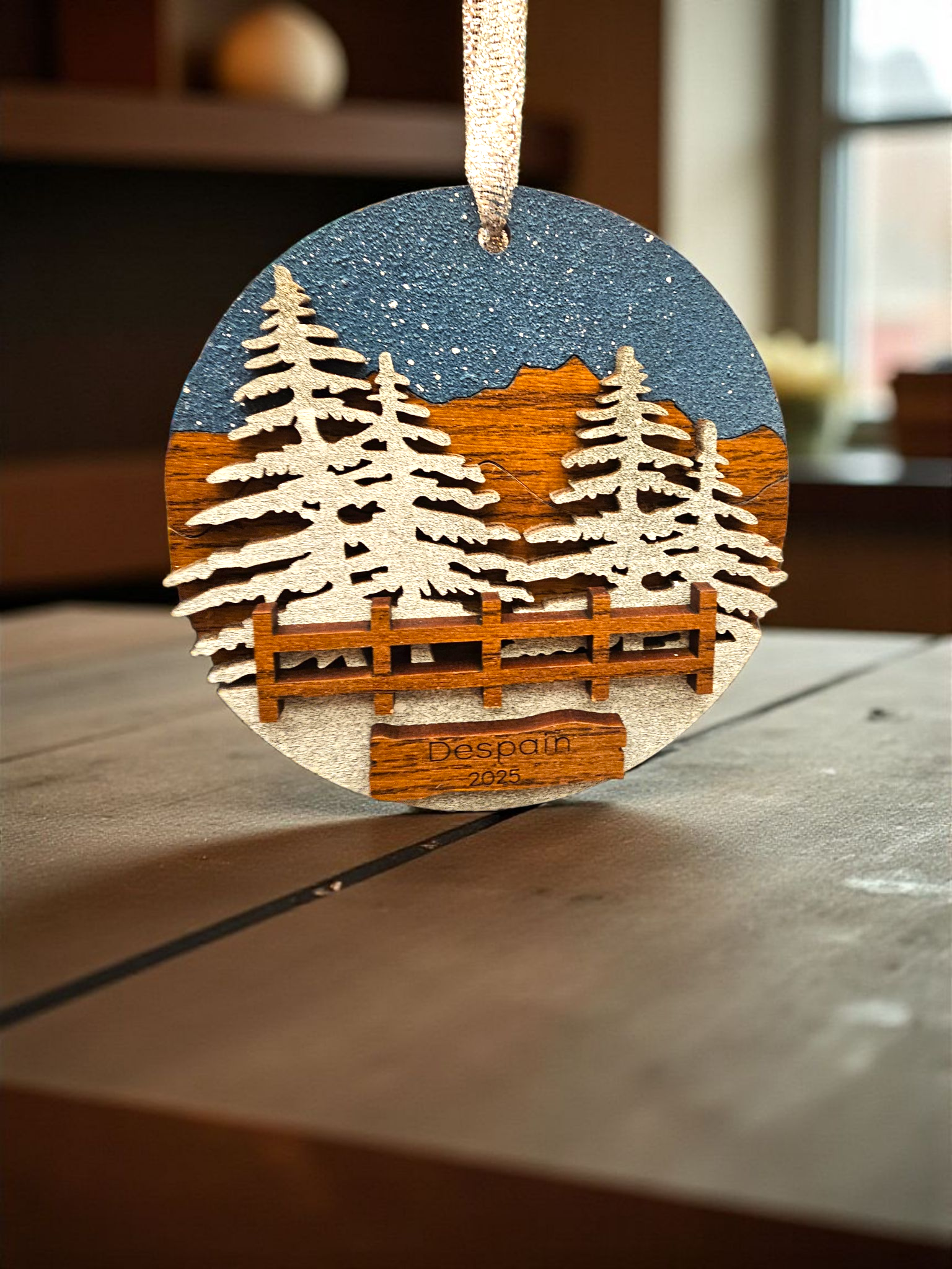 Personalized Snowy Trees, Mountains, Night Sky with Fence Wilderness Ornaments