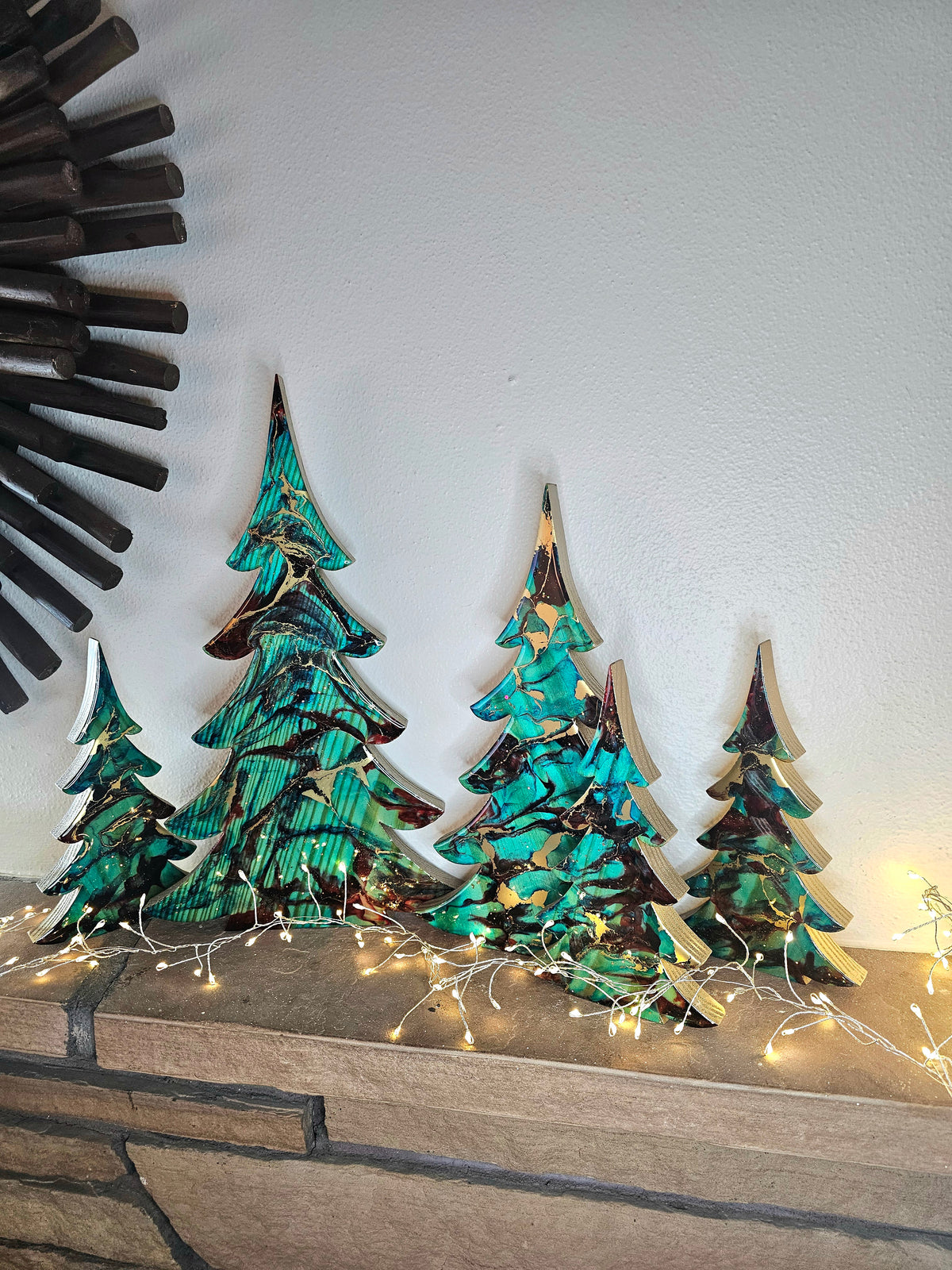 Handmade Turquoise Christmas Trees Shelf Sitter with Red Resin and Gold Accents Multiple Sizes