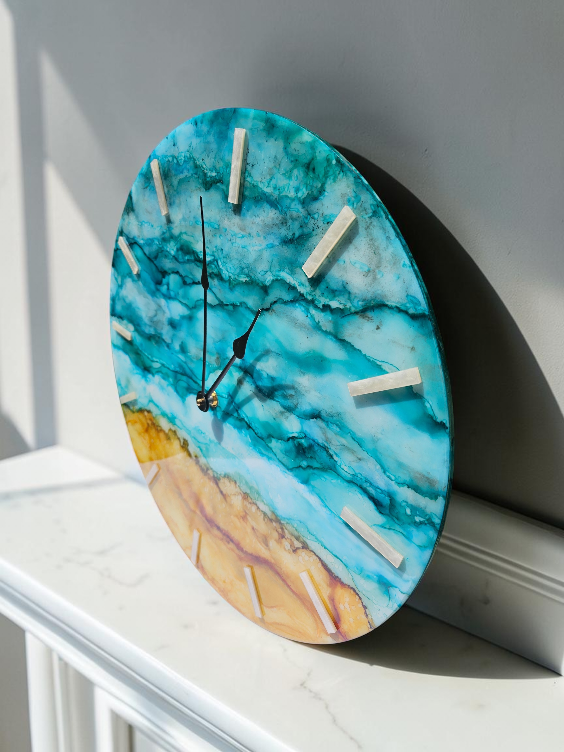 Handmade 18" Abstract Coastal Wall Clock – Teal & Caramel Alcohol Ink Art with White Pearl Acrylic Ticks & Silent Sweep