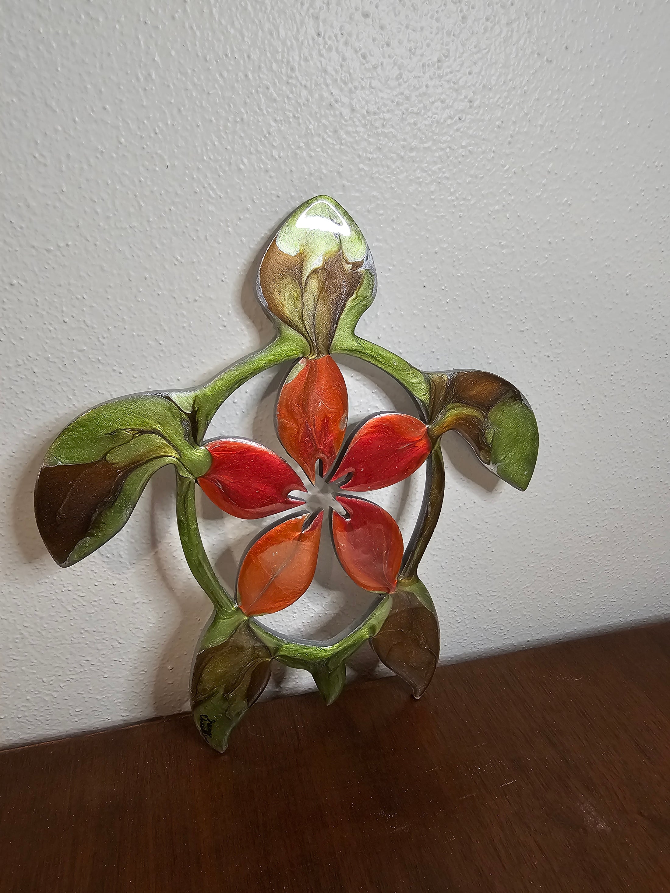 Handcrafted 10" Coastal Polynesian Flower Sea Turtle Wall Art Decor with Vibrant Colors