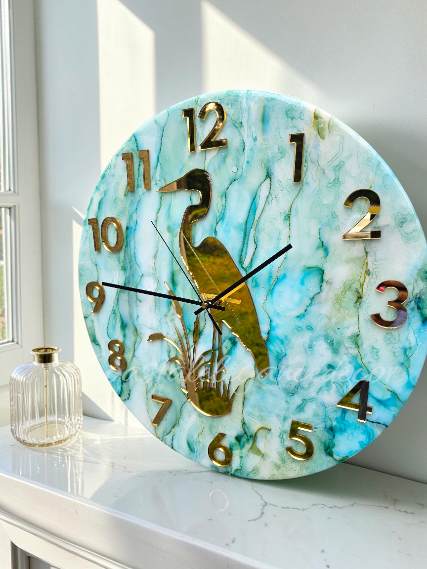 Handmade 18" Coastal Great Blue Heron Wall Clock – Pastel Green & Blue Alcohol Ink Art with Gold Mirror Numbers & Silent Sweep