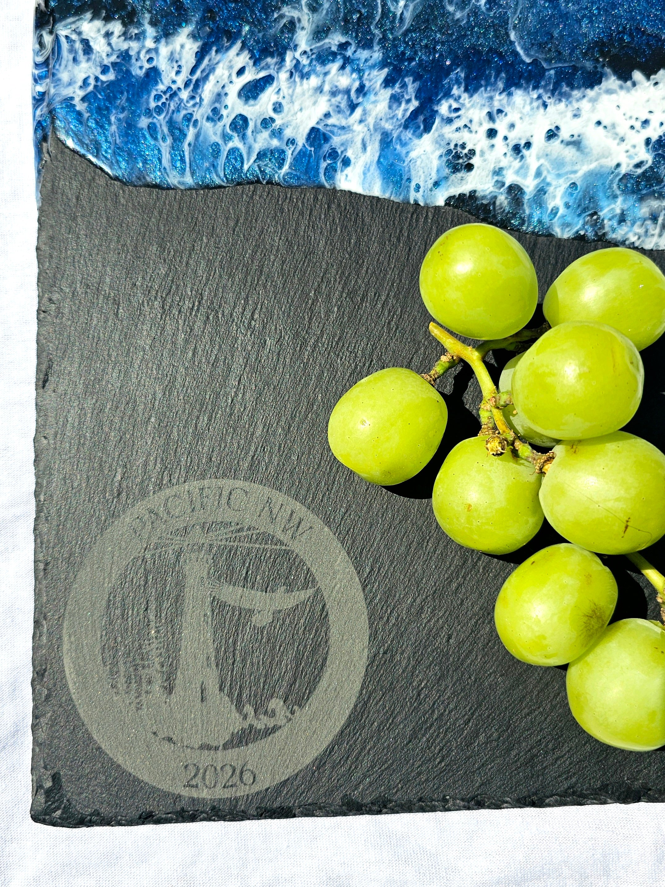 Slate & Ocean Resin Wave Charcuterie Board | Pacific Northwest Eagle & Lighthouse Serving Platter (12" x 8")