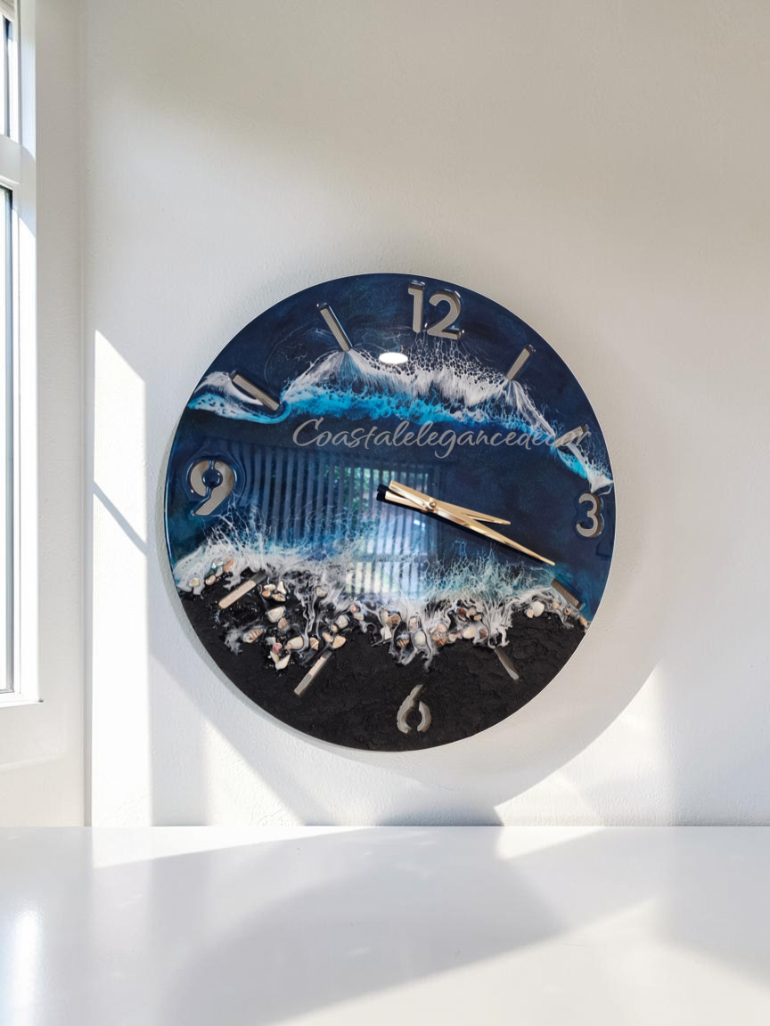 Handmade 18 Inch Deep Blues Beach Waves Wall Clock Textured Black Sand Beach & Real Seashells