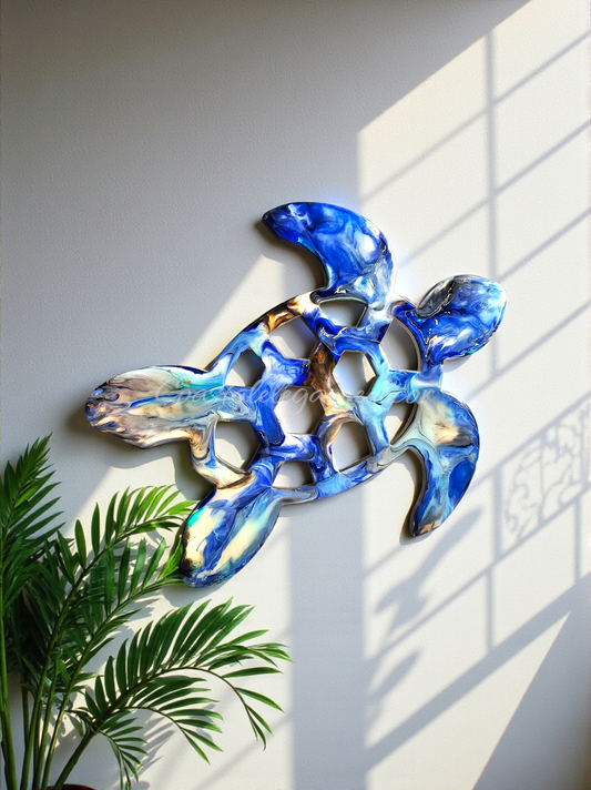 Handmade sea turtle wall decoration in gorgeous lavender blues and brown by Coastal Elegance Decor, beautifully designed to enhance coastal home decor.