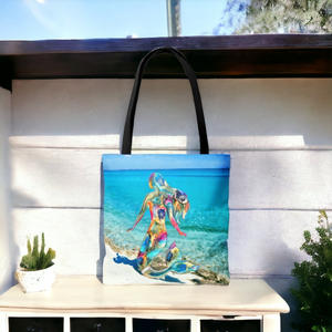 Printed Original Art Mermaid on a Tropical Beach Tote Bag 3 sizes