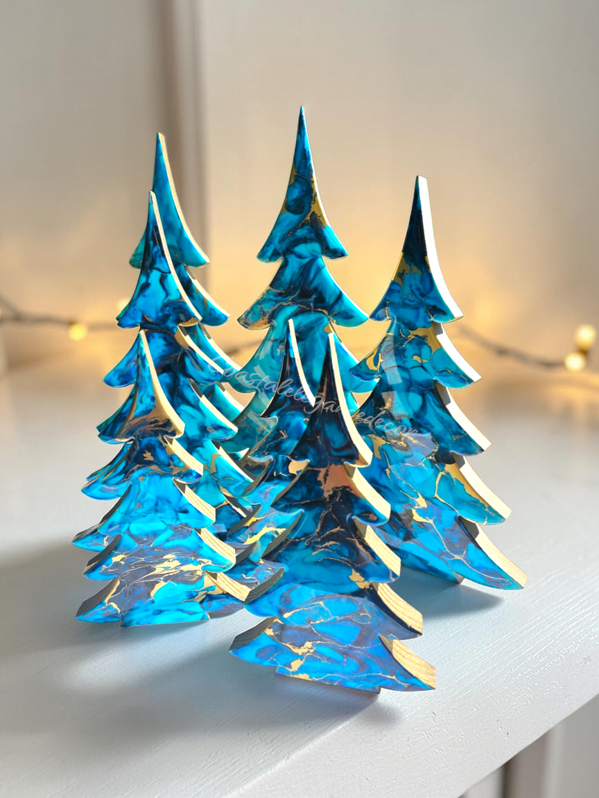 Handmade Light Blue, Navy & Gold Resin Wood Trees | Coastal Contemporary Tabletop Decor