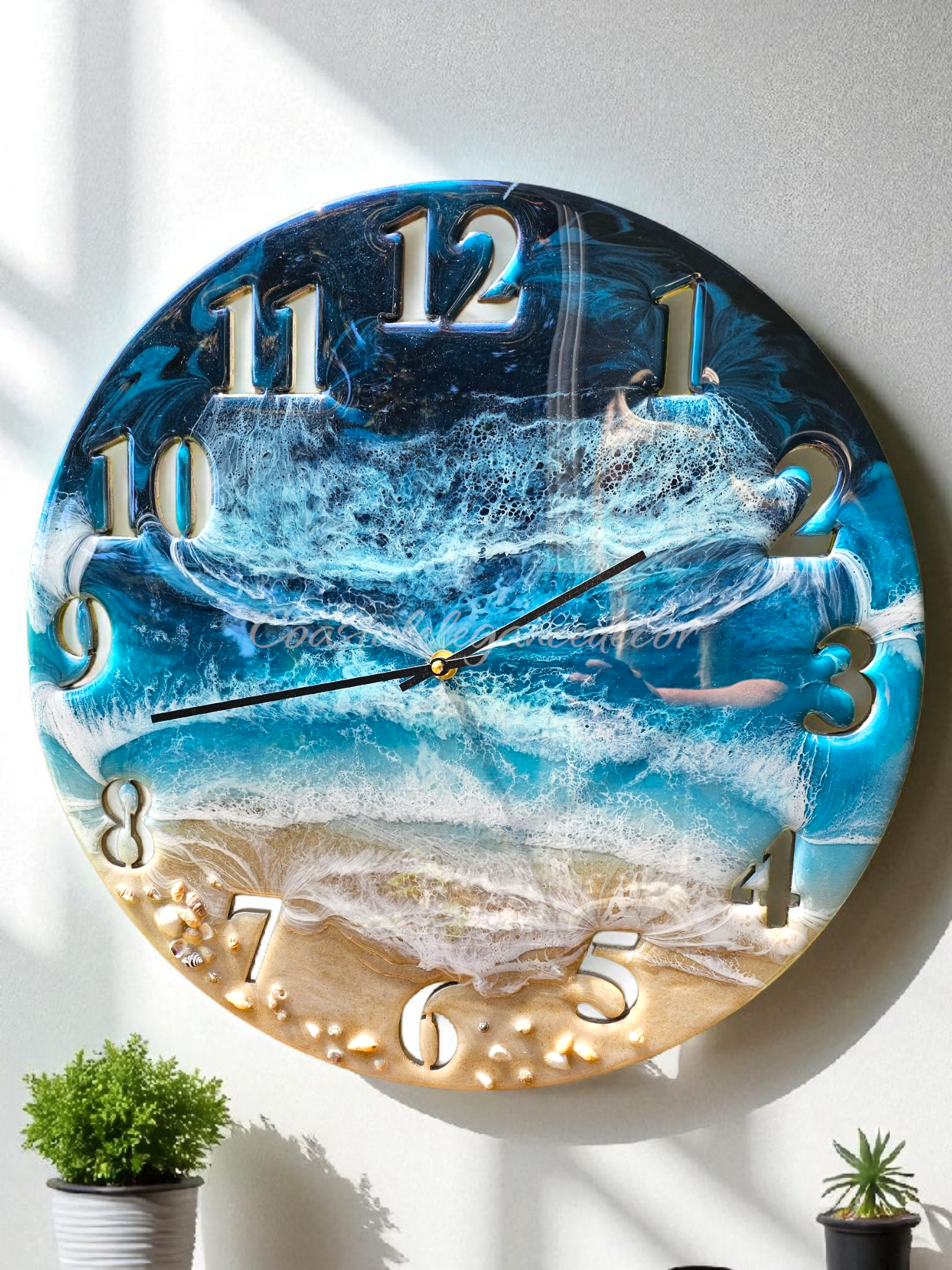 Handmade 19.5'' Beach Ocean Waves Wall Clock - Teal & Blue with Real Sand & Seashells