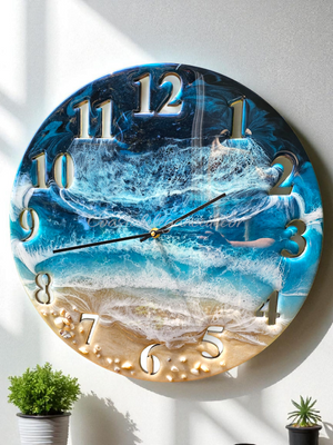 Handmade 19.5'' Beach Ocean Waves Wall Clock - Teal & Blue with Real Sand & Seashells