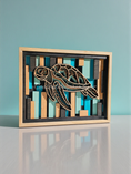Load image into Gallery viewer, Hand-Painted Layered Wood Sea Turtle Wall Art – 11x14 Coastal Blues in Wood Cradle
