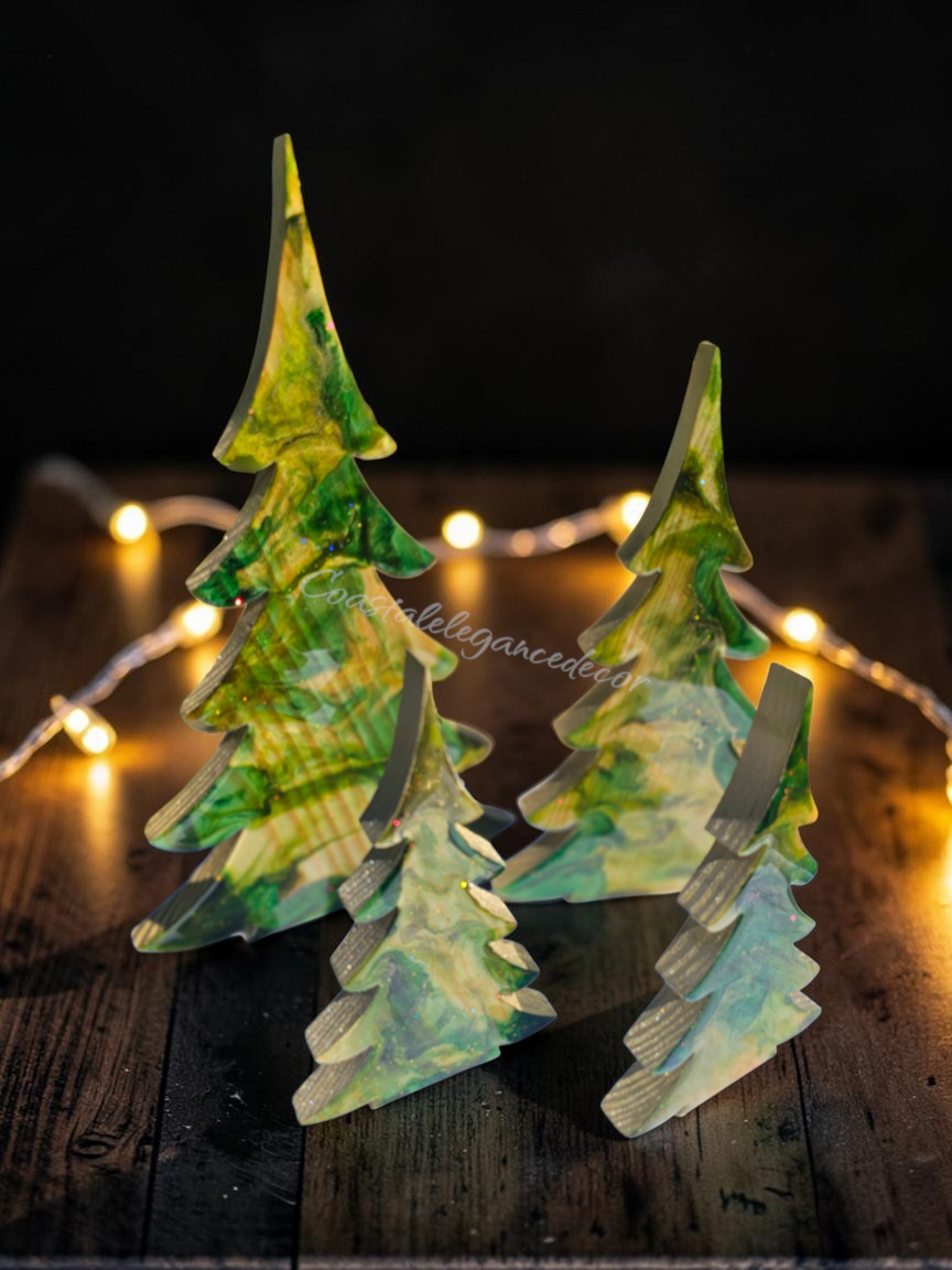 Handcrafted Resin & Wood Holiday Trees (8", 12", & 15") Green