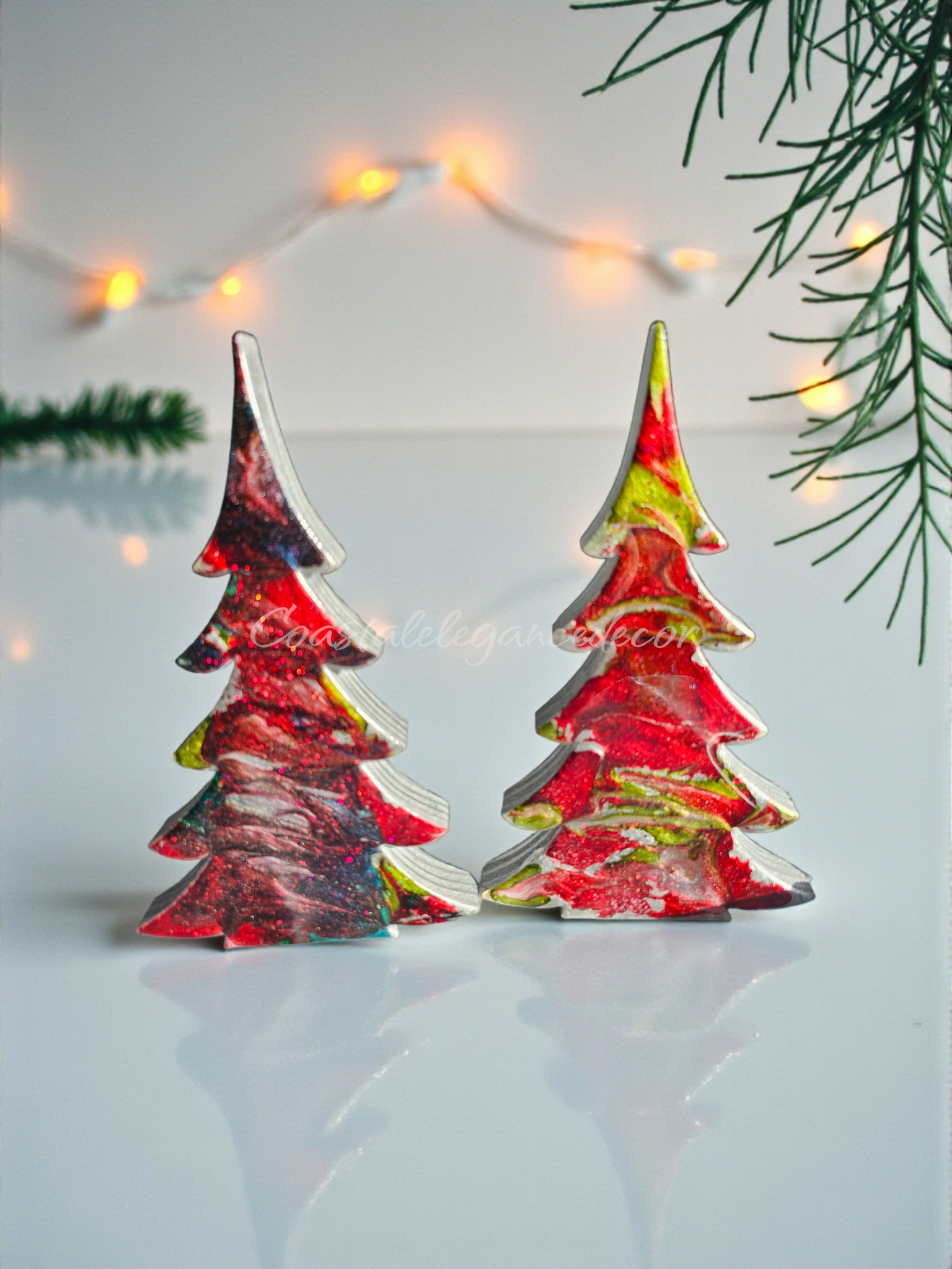 Handcrafted Gemtone Red and Green Tabletop Sparkly Christmas Trees 8 Inches beautifully showcased with silver shimmer and glitter accents.