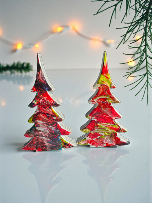Handcrafted Gemtone Red and Green Tabletop Sparkly Christmas Trees 8 Inches beautifully showcased with silver shimmer and glitter accents.