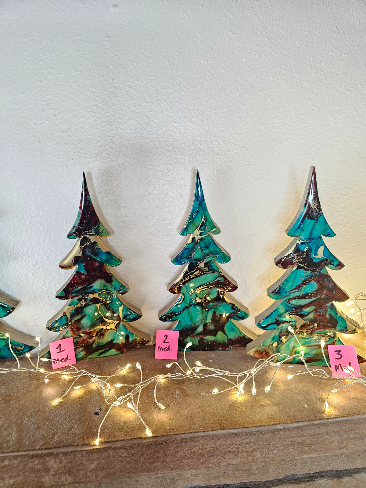 Handmade Turquoise Christmas Trees Shelf Sitter with Red Resin and Gold Accents Multiple Sizes