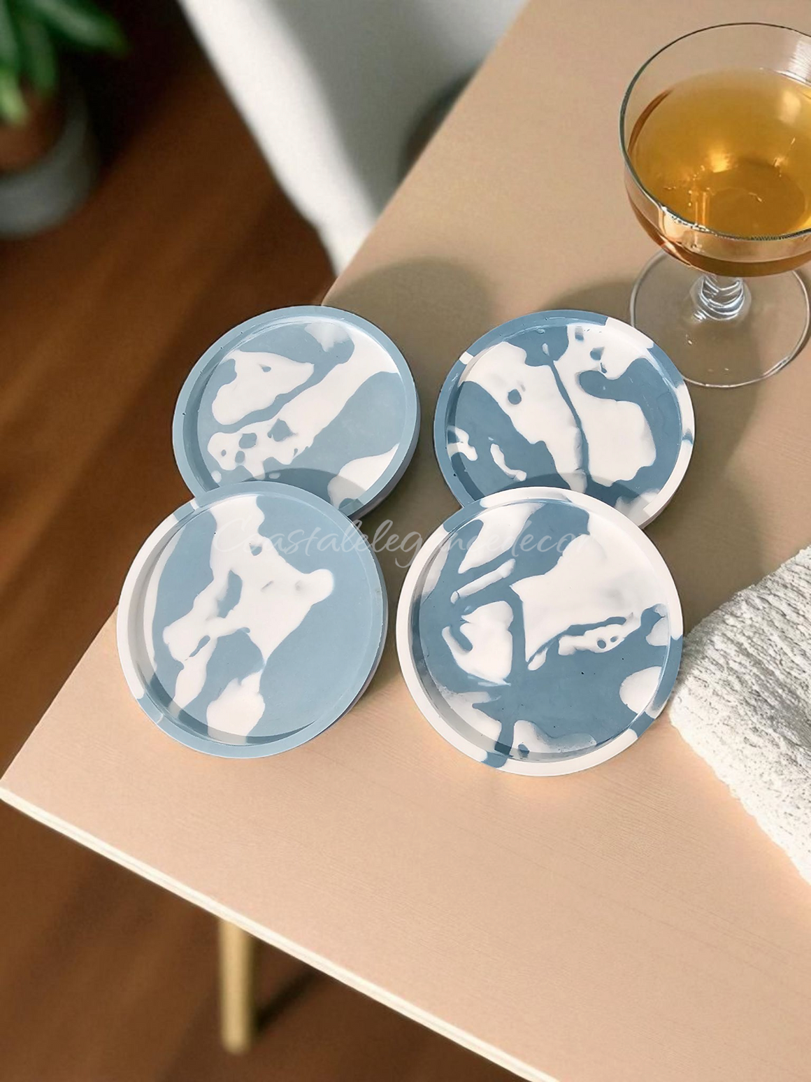 Abstract Contemporary Jesmonite Round Drink Coasters 4 Inch Baby Blue