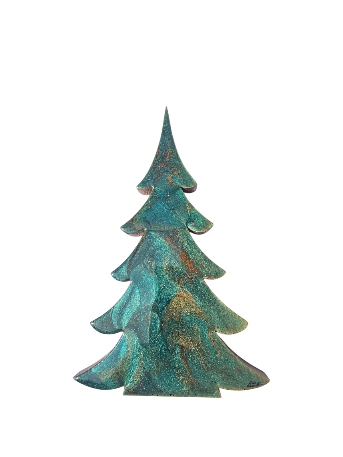 Deep Emerald Green & Copper Resin Wood Christmas Tree | 3D Tabletop Holiday Centerpiece | Jewel Tone Winter Mantel Decor