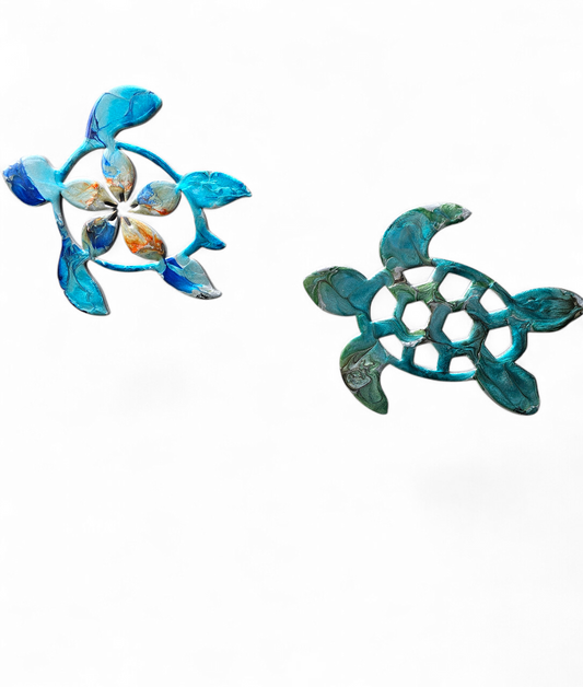 Handcrafted 10" Coastal Polynesian Flower Sea Turtle Wall Art Decor with Vibrant Colors