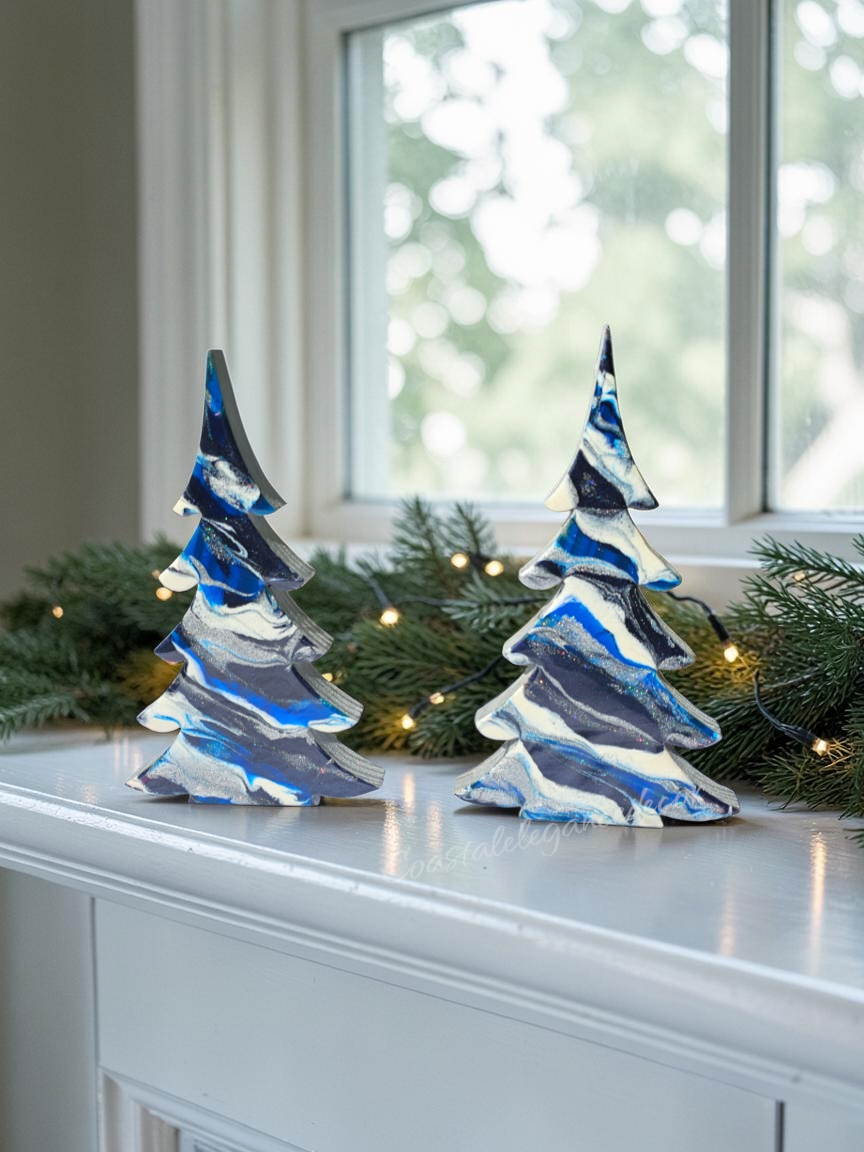 Contemporary Resin Tree – Cobalt Indigo & Silver Stripe Garland Accent