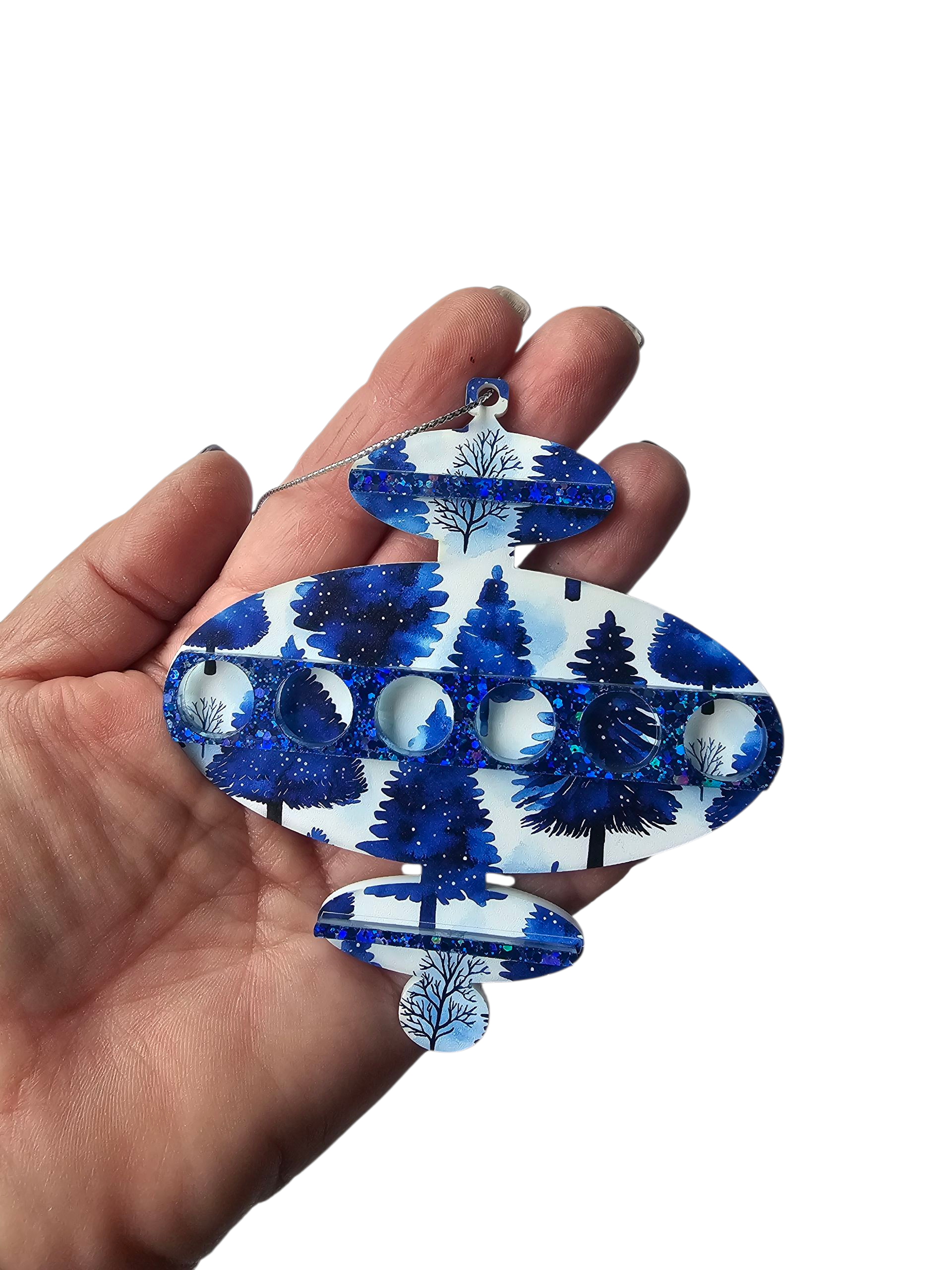 Mid Century Modern Retro Style Blue Watercolor Snowy Trees Christmas Ornaments 3 Styles