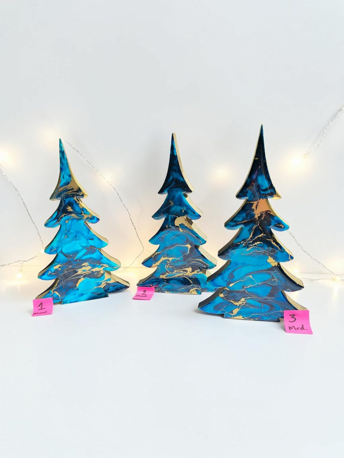 Handmade Light Blue, Navy & Gold Resin Wood Trees | Coastal Contemporary Tabletop Decor