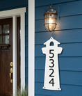 Load image into Gallery viewer, Custom Lighthouse Shaped 3D Address Sign | Vertical Nautical House Numbers
