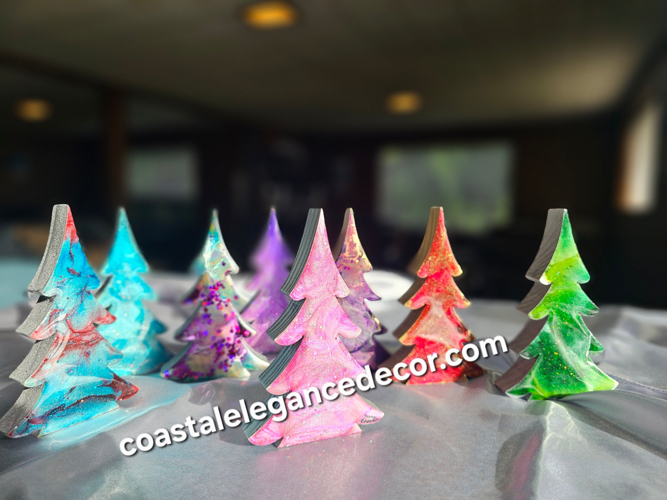 Beautifully designed 5-Inch Christmas Trees with Colorful Resin and Wood, offering a delightful addition to Holiday Tabletop Decor.