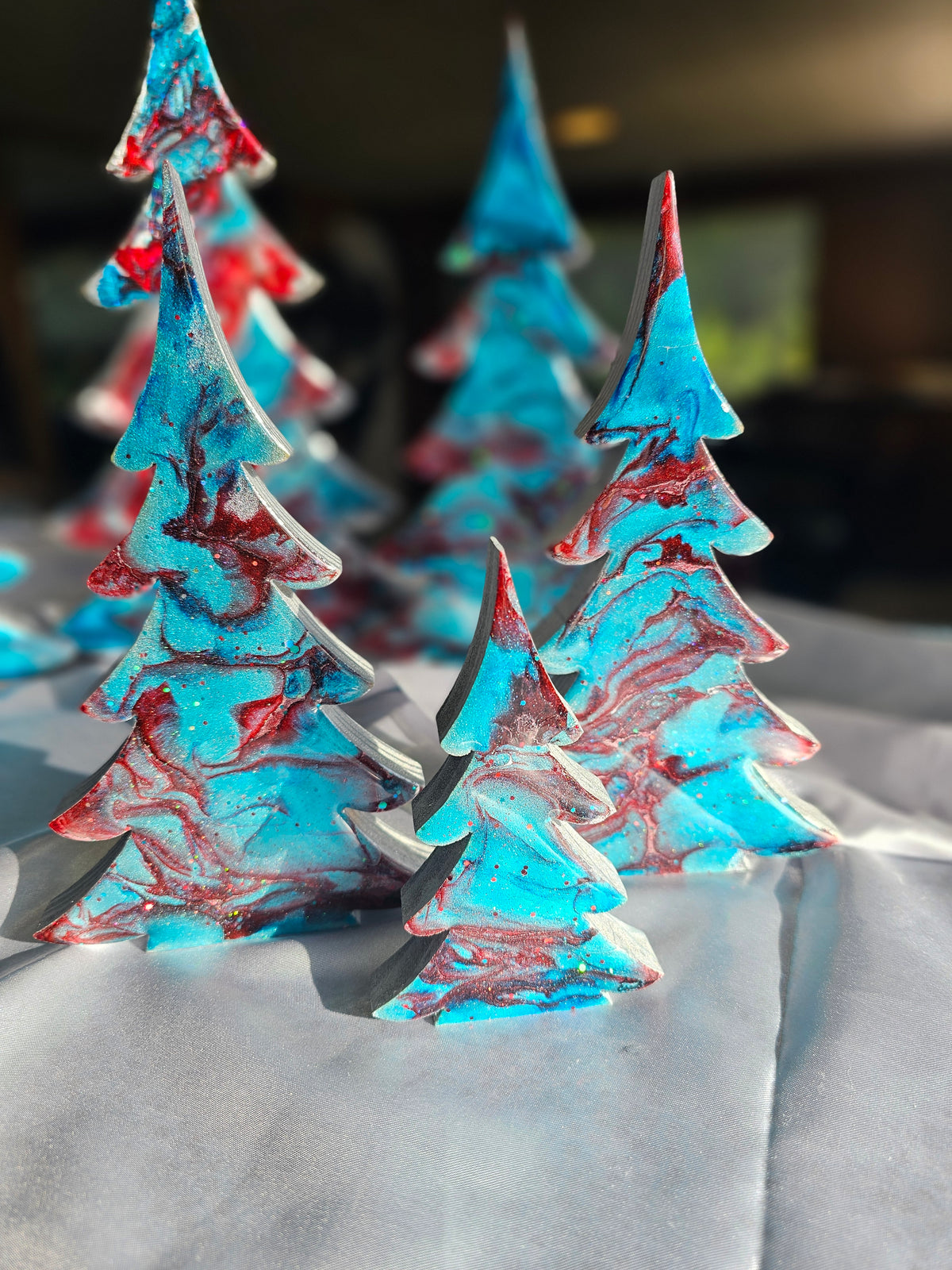 Handmade Silvery Blue and Red Christmas Trees Holiday Shelf Sitter Mantelpiece 3 Sizes