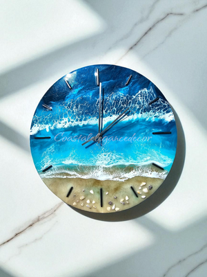 Ocean Blues 18 Inch Round Wall Clock With Real Beach Sand, Seashells, and Resin Waves