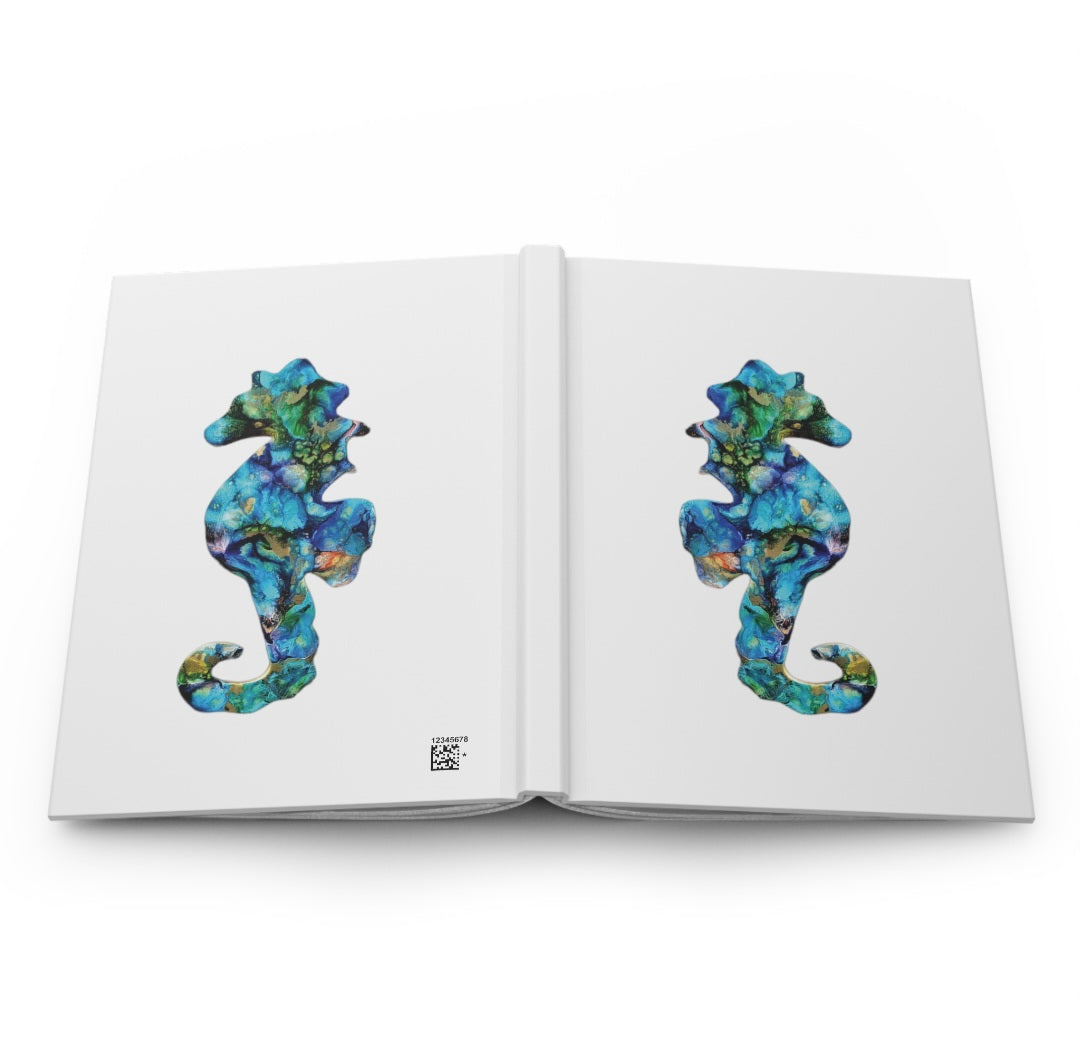 Beautiful Coastal Seahorse Print Hardcover Journal Lined Paper showcasing a vibrant resin seahorse design on the front cover, ideal for writing and journaling.