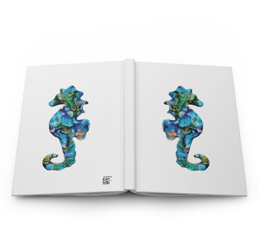 Beautiful Coastal Seahorse Print Hardcover Journal Lined Paper showcasing a vibrant resin seahorse design on the front cover, ideal for writing and journaling.