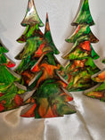 Load image into Gallery viewer, Festive Handmade Green and Red Resin Christmas Trees with Branches, featuring chunky wood and metallic accents, ideal for holiday decor on your mantel.
