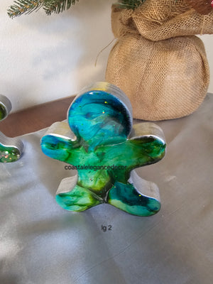 Chunky Wood with Resin Handmade Gingerbread Men Christmas Decorations Green Blue 3 Sizes