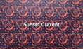 Load image into Gallery viewer, Sunset current pattern swatch - coastal acrylic wall art design option in orange and deep blue swirls
