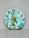 Charger l'image dans la visionneuse de la galerie, Handmade 18" Coastal Great Blue Heron Wall Clock – Pastel Green & Blue Alcohol Ink Art with Gold Mirror Numbers & Silent Sweep
