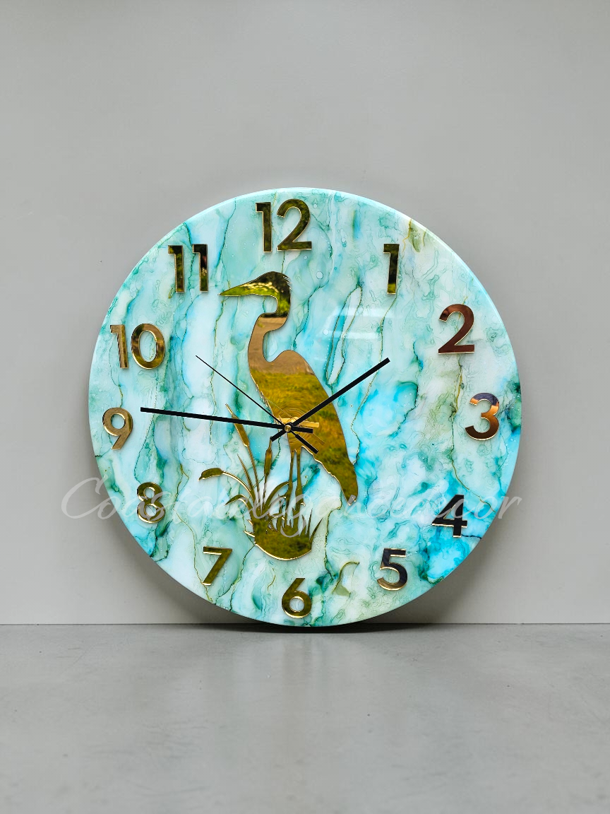 Handmade 18" Coastal Great Blue Heron Wall Clock – Pastel Green & Blue Alcohol Ink Art with Gold Mirror Numbers & Silent Sweep