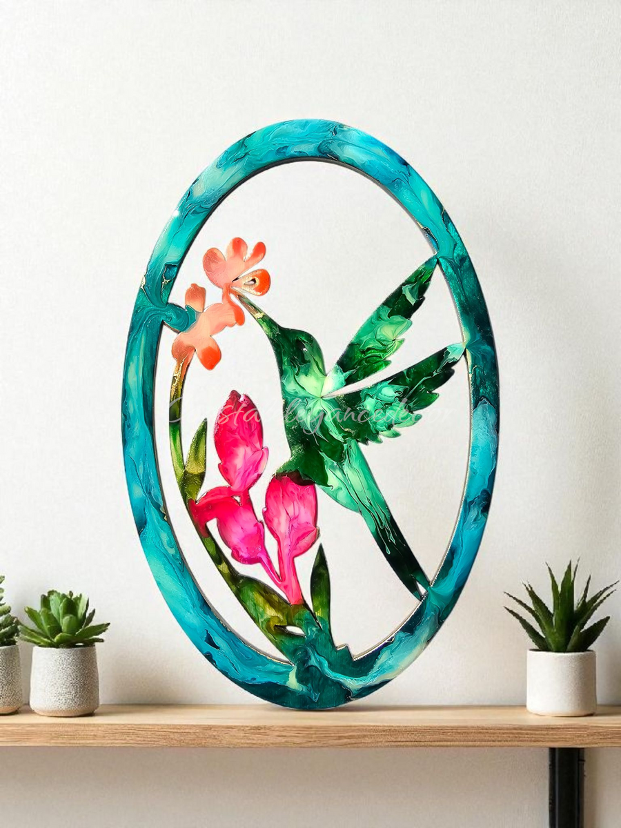 Hummingbird with Flowers Oval Frame Wall Decor