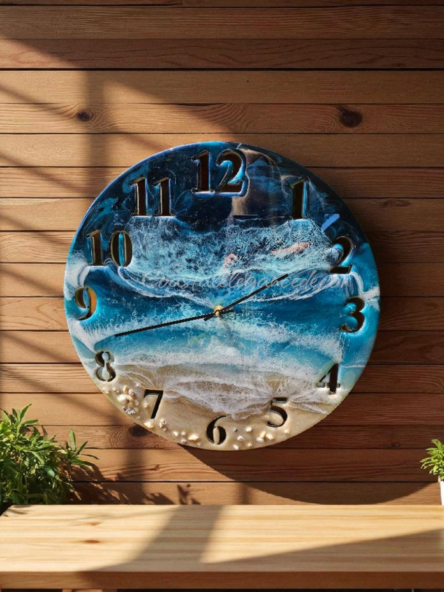 Handmade 19.5'' Beach Ocean Waves Wall Clock - Teal & Blue with Real Sand & Seashells