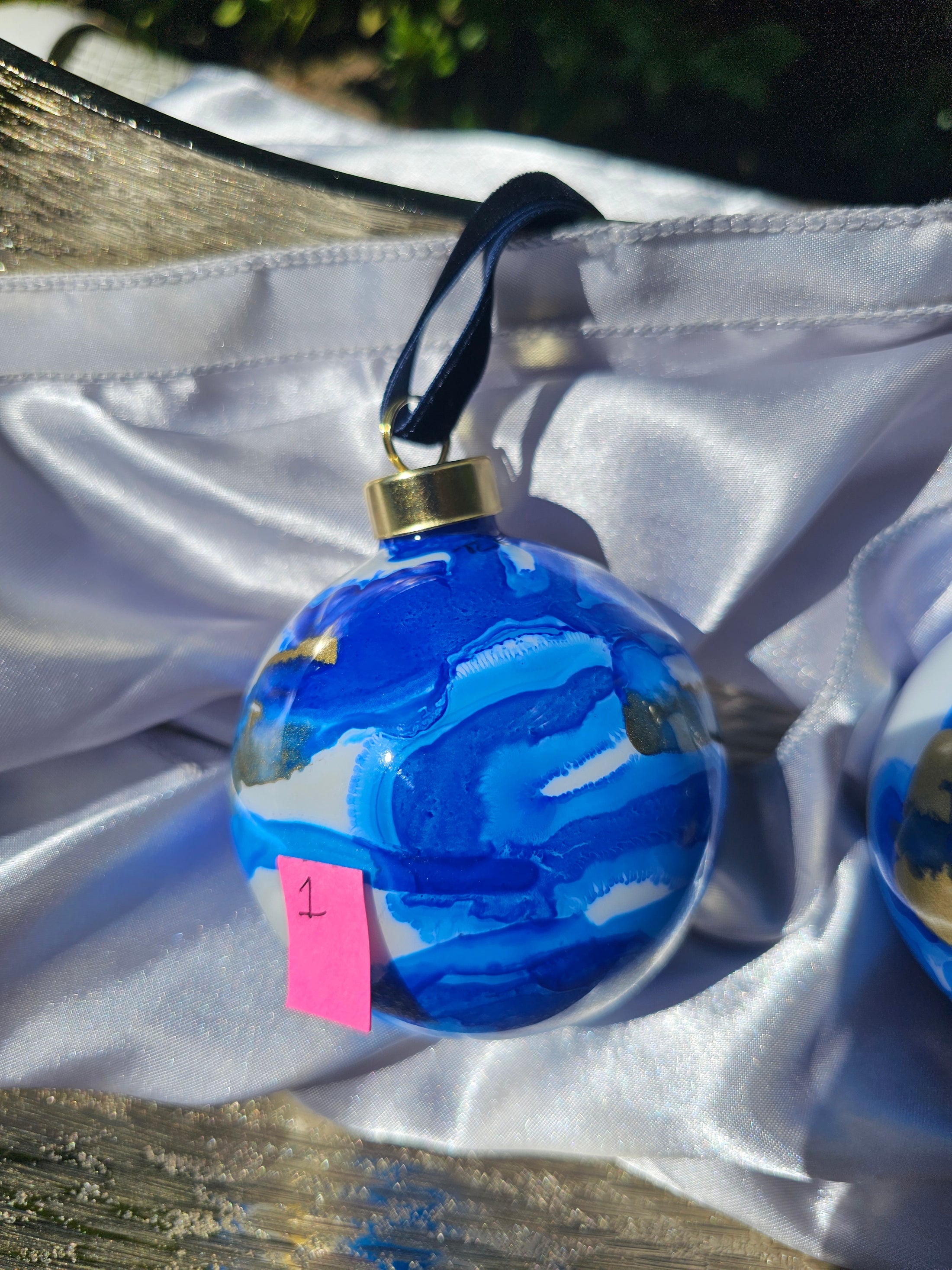 Handcrafted Royal Blues & Gold Ink Glass Christmas Ornament